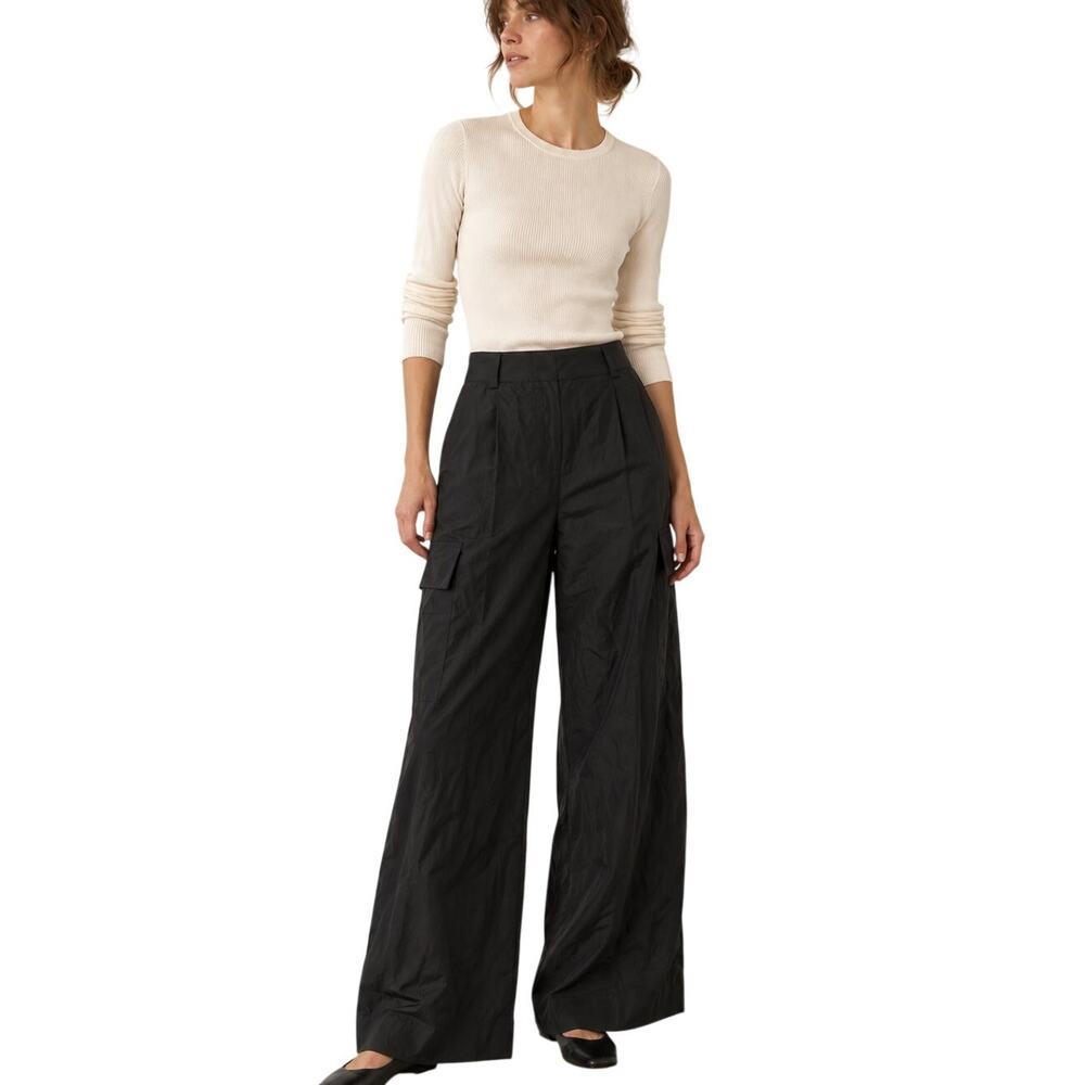 Veronika Maine Black Wide Leg Cargo Pants Size US 12 AU 14 Linen Blend High Rise
